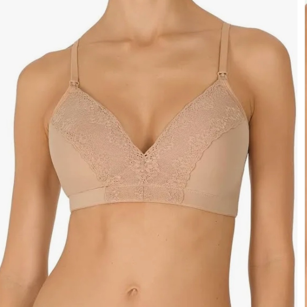 Natori Bliss Perfection Wireless Nursing Maternity Bra Lace Trim Beige Women 38C
